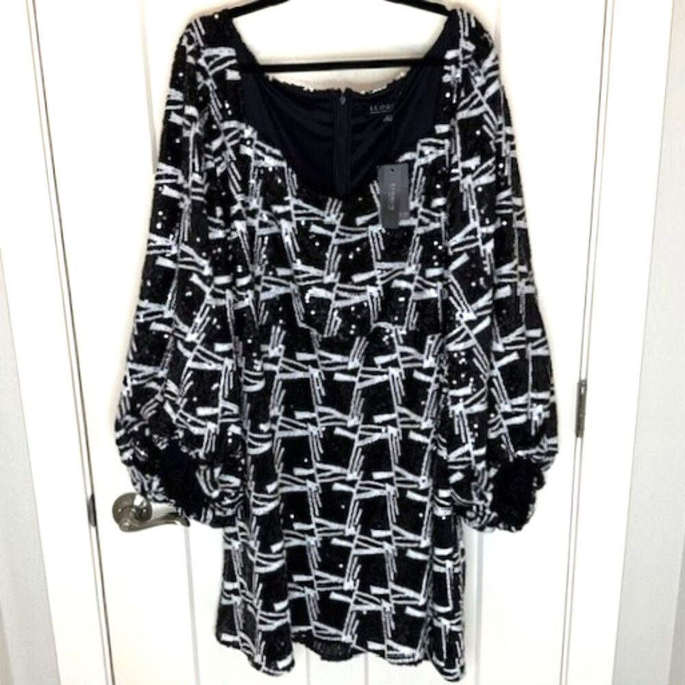 ELOQUII BLACK & WHITE GEOMETRIC SEQUIN SHEATH DRESS BALLOON SLEEVES SIZE 28 NWT